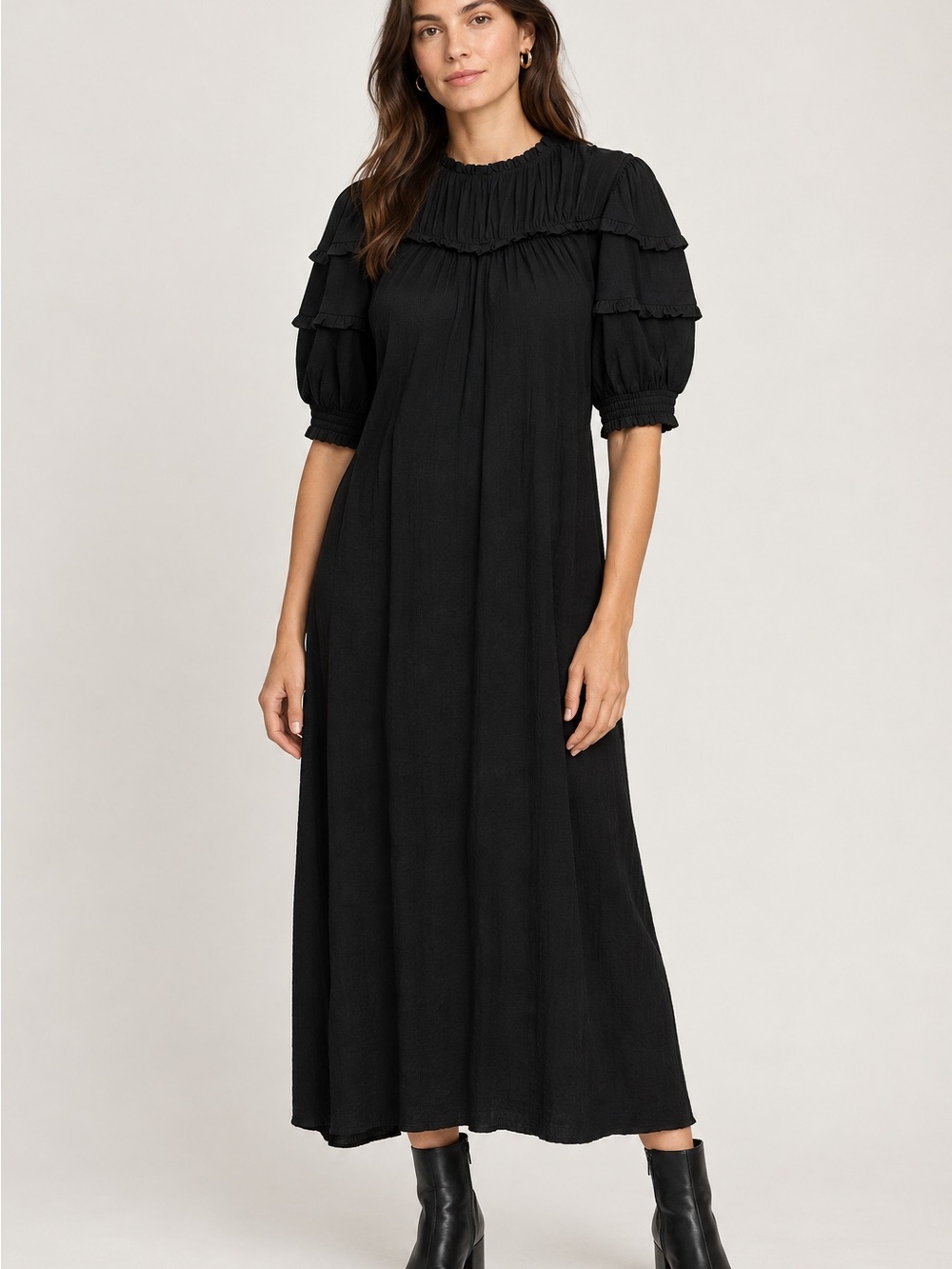 Boden 10 Jersey Midi Dress Tiered Yoke Puff Sleeve Ruffle Flowy Preppy Boho Fall